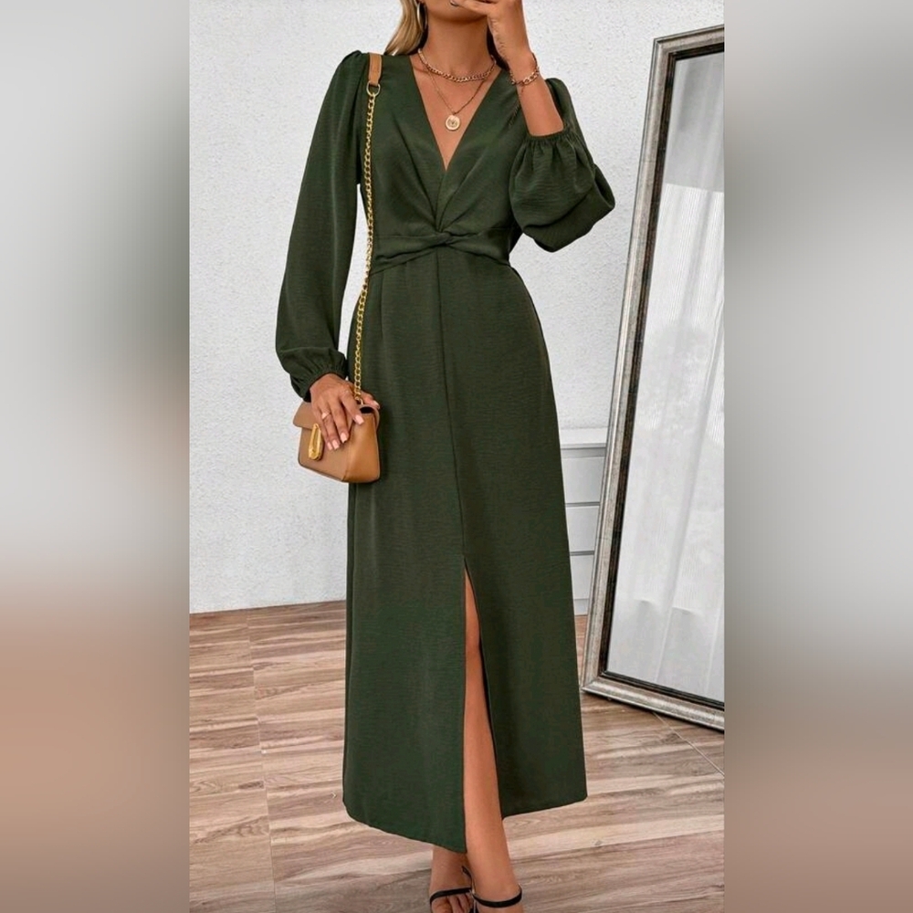 New Chic Plunge Twist Front Split Midi Dress Long Sleeve Olive Green - Picture 8 of 10